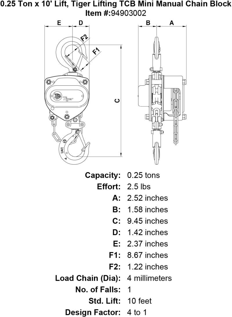 0 25 ton x 10 lift tiger lifting tcb mini manual chain block specification diagram