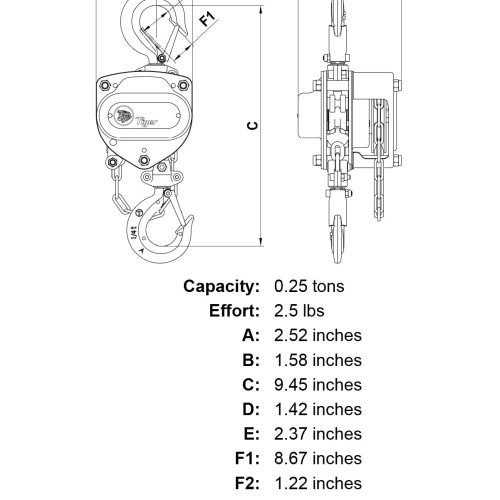 0 25 ton x 20 lift tiger lifting tcb mini manual chain block specification diagram