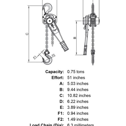 0 75 ton x 10 lift tiger lifting tr7 industrial lever chain hoist specification diagram