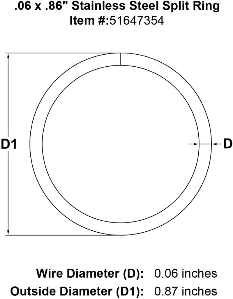 06 x 86 Stainless Steel Split Ring specification diagram