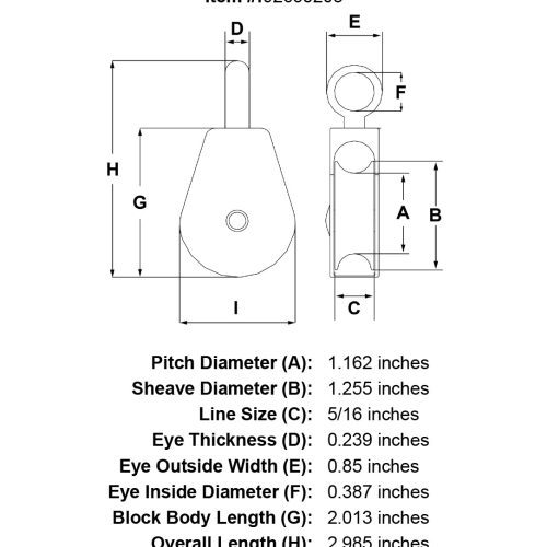 1 1 2 Sheave Zinc Plated Fixed Eye Single Pulley specification diagram