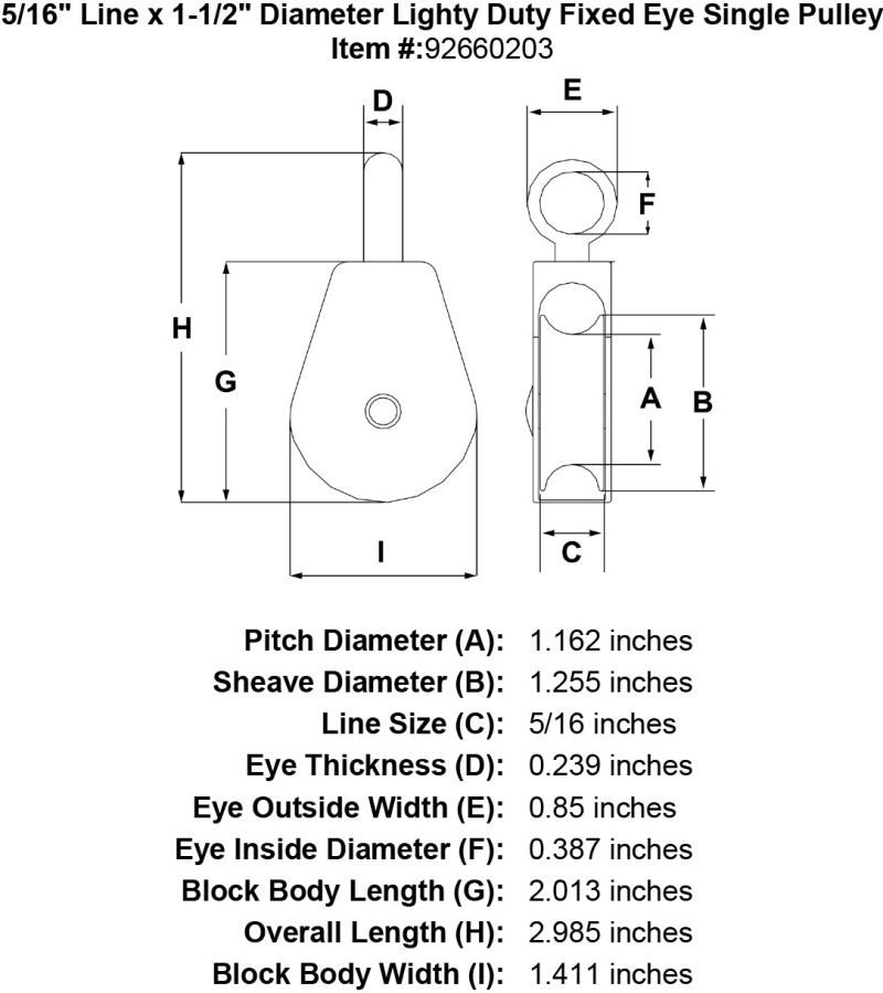 1 1 2 Sheave Zinc Plated Fixed Eye Single Pulley specification diagram