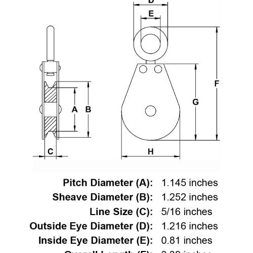 1 1 2 Sheave Zinc Plated Swivel Eye Single Pulley specification diagram