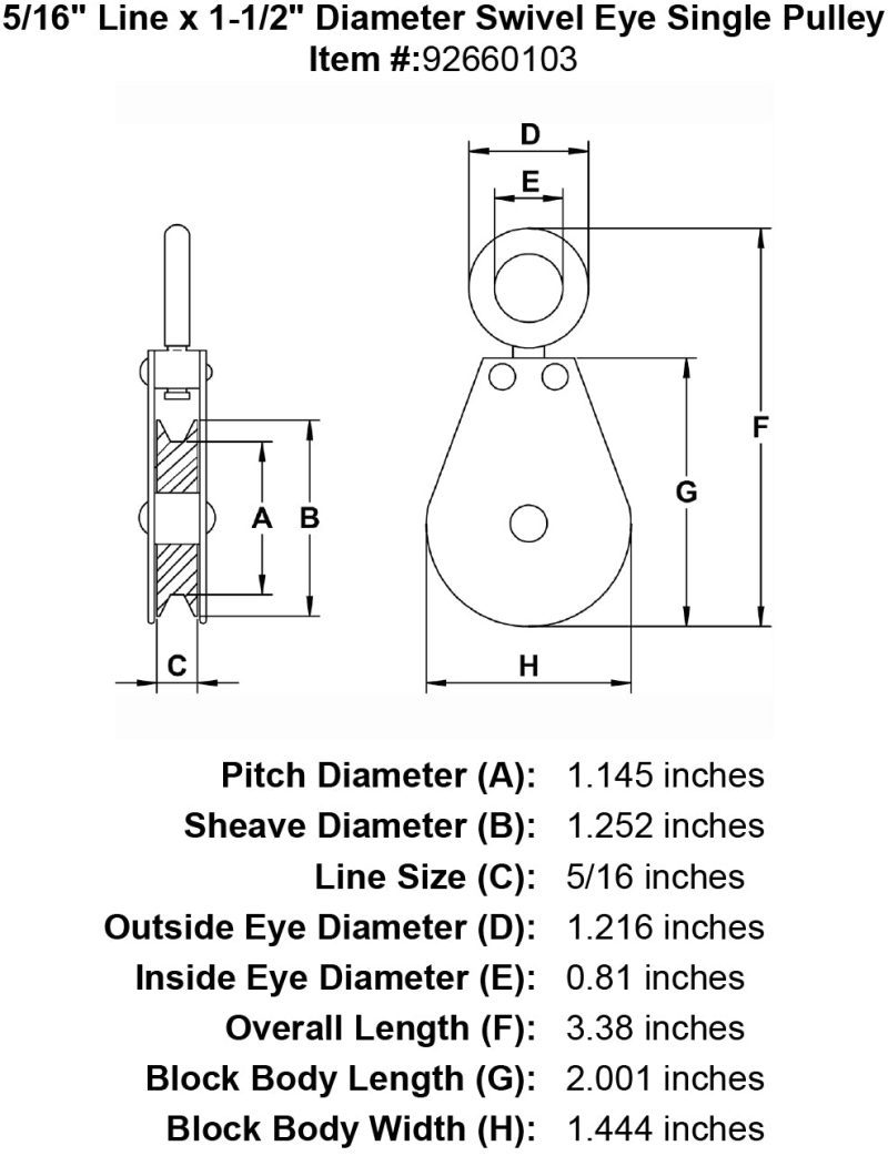 1 1 2 Sheave Zinc Plated Swivel Eye Single Pulley specification diagram