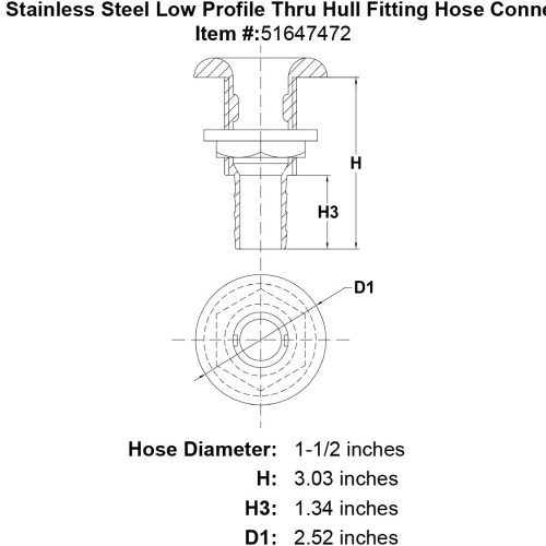 1 1 2 Stainless Steel Low Profile Thru Hull Fitting Hose Connection specification diagram