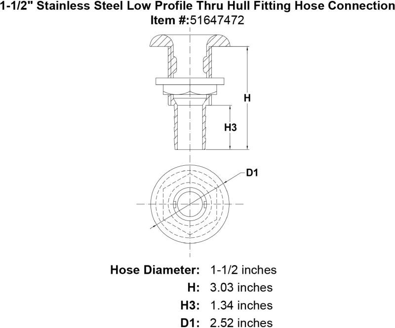 1 1 2 Stainless Steel Low Profile Thru Hull Fitting Hose Connection specification diagram