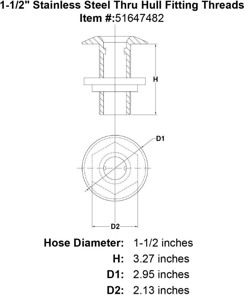 1 1 2 Stainless Steel Thru Hull Fitting Threads specification diagram