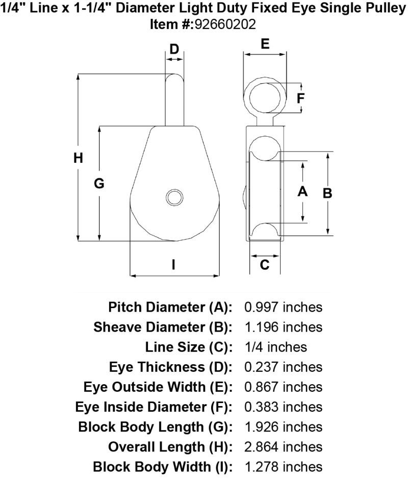 1 1 4 Sheave Zinc Plated Fixed Eye Single Pulley specification diagram