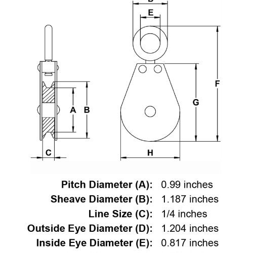 1 1 4 Sheave Zinc Plated Swivel Eye Single Pulley specification diagram