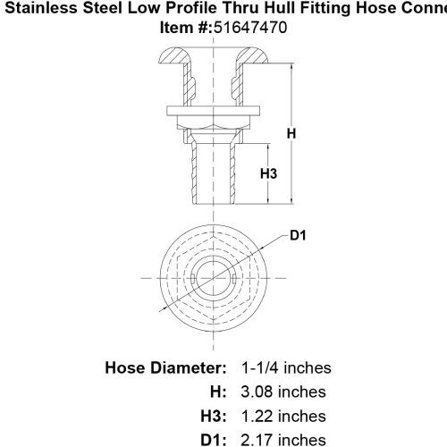 1 1 4 Stainless Steel Low Profile Thru Hull Fitting Hose Connection specification diagram