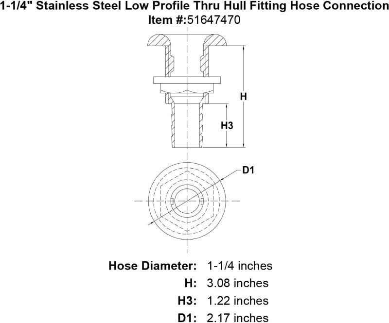 1 1 4 Stainless Steel Low Profile Thru Hull Fitting Hose Connection specification diagram