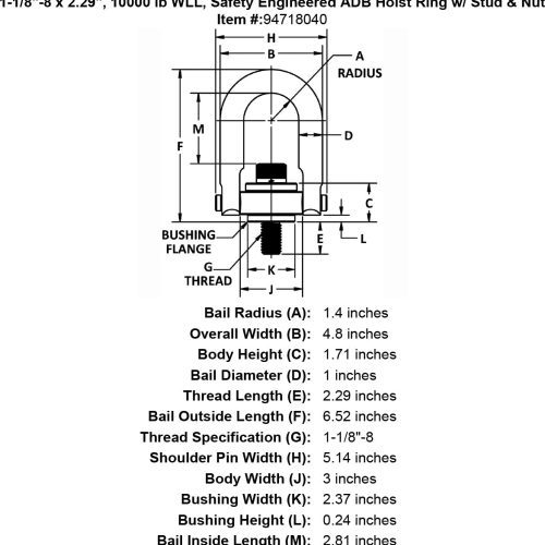 1 1 8 8 x 2 29 10000 lb Safety Engineered Hoist Ring Stud Nut specification diagram