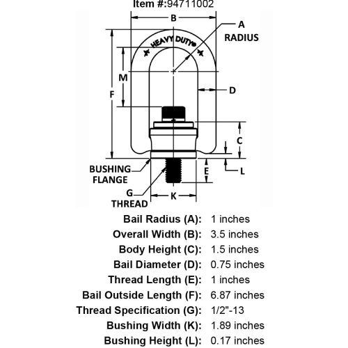 1 2 13 x 1 00 2500 lb Heavy Duty Hoist Ring Long Bar specification diagram