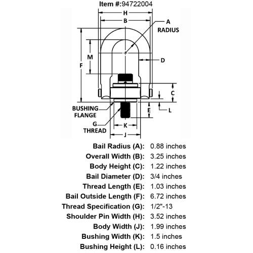 1 2 13 x 1 03 2500 lb Safety Engineered Hoist Ring Long Bar specification diagram