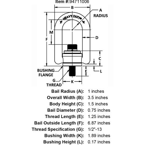 1 2 13 x 1 25 2500 lb Heavy Duty Hoist Ring Long Bar specification diagram