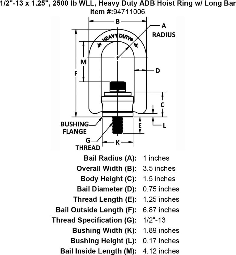 1 2 13 x 1 25 2500 lb Heavy Duty Hoist Ring Long Bar specification diagram