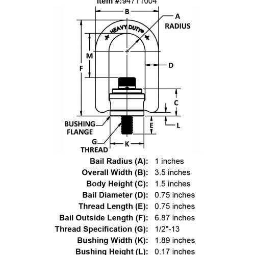 1 2 13 x 75 2500 lb Heavy Duty Hoist Ring Long Bar specification diagram