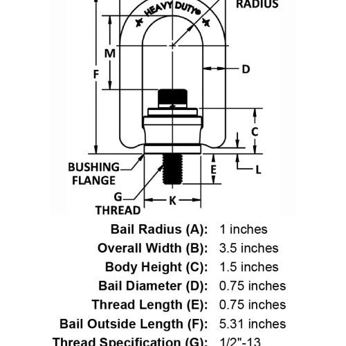 1 2 13 x 75 2500 lb Heavy Duty Hoist Ring specification diagram