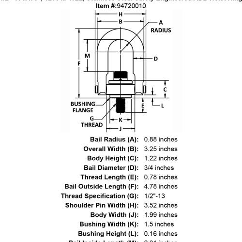 1 2 13 x 78 1250 lb Stainless Steel Safety Engineered Hoist Ring specification diagram