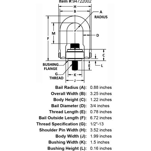 1 2 13 x 78 2500 lb Safety Engineered Hoist Ring Long Bar specification diagram