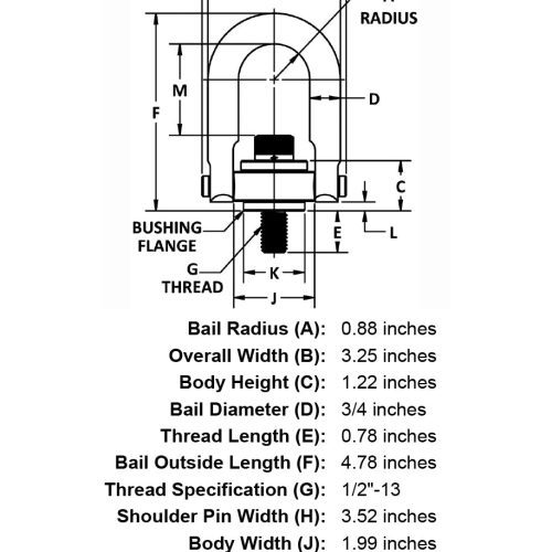 1 2 13 x 78 2500 lb Safety Engineered Hoist Ring specification diagram