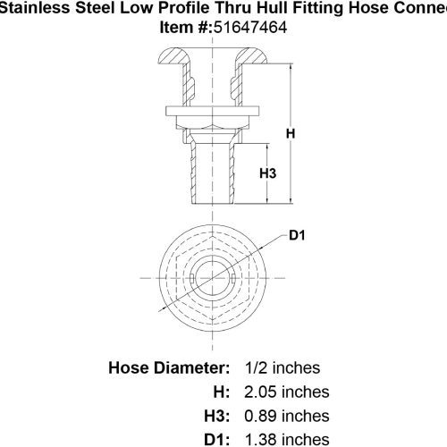 1 2 Stainless Steel Low Profile Thru Hull Fitting Hose Connection specification diagram