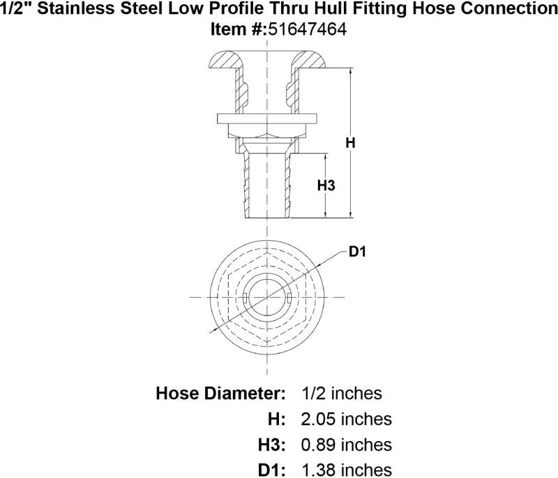 1 2 Stainless Steel Low Profile Thru Hull Fitting Hose Connection specification diagram