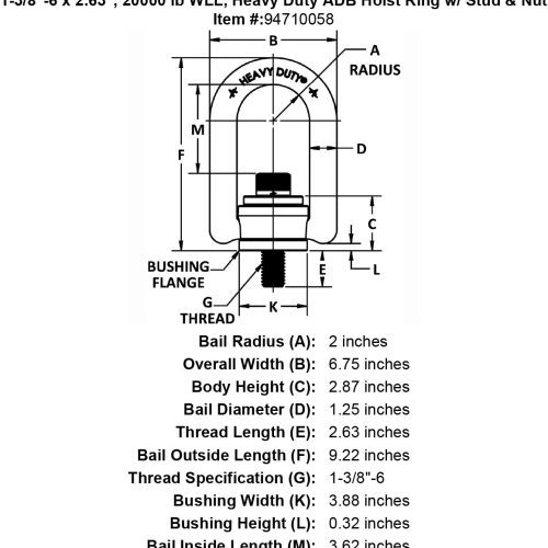 1 3 8 6 x 2 63 20000 lb Heavy Duty Hoist Ring Stud Nut specification diagram