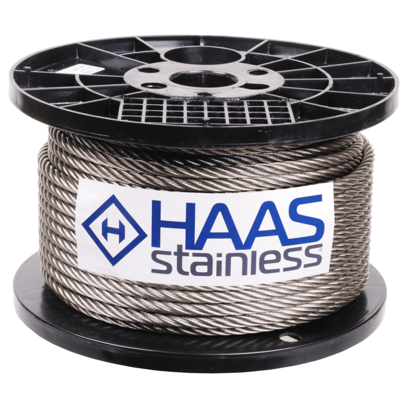 1 4 inch X 500 foot haas stainless 7x19 type 316 stainless steel cable reel label