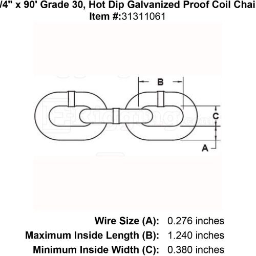 1 4 x 90 Grade 30 Hot Dip Galvanized Proof Coil Chain specification diagram