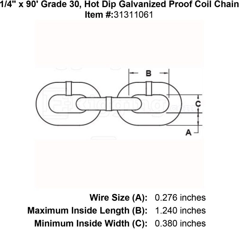 1 4 x 90 Grade 30 Hot Dip Galvanized Proof Coil Chain specification diagram