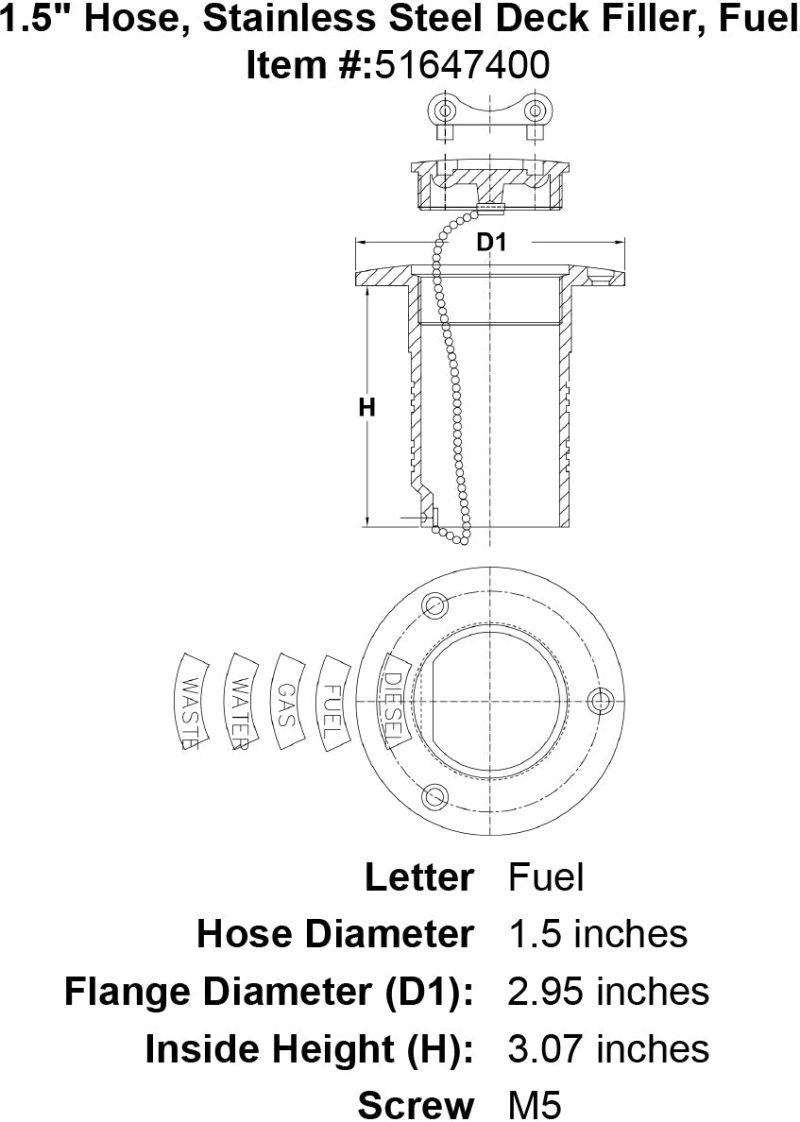 1 5 Hose Stainless Steel Deck Filler Fuel specification diagram