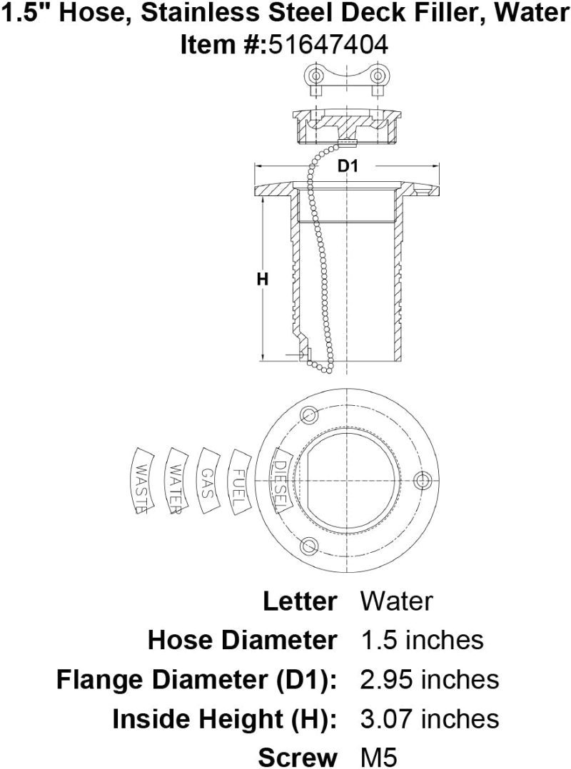 1 5 Hose Stainless Steel Deck Filler Water specification diagram