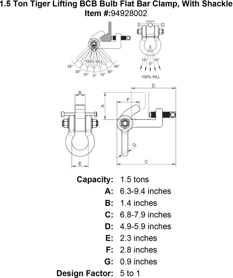 1 5 ton tiger lifting bcb bulb flat bar clamp with shackle specification diagram