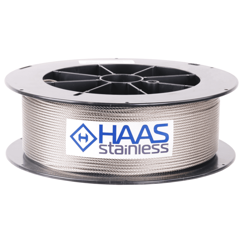 1 8 inch X 500 foot haas stainless 7x19 type 316 stainless steel cable reel label