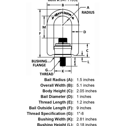 1 8 x 1 20 10000 lb Heavy Duty Hoist Ring Long Bar specification diagram