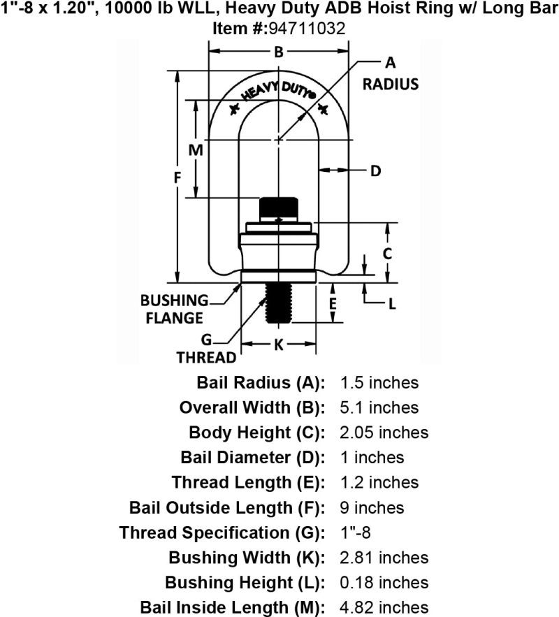 1 8 x 1 20 10000 lb Heavy Duty Hoist Ring Long Bar specification diagram