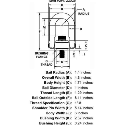 1 8 x 1 29 10000 lb Safety Engineered Hoist Ring Long Bar specification diagram