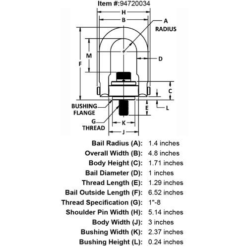 1 8 x 1 29 5000 lb Stainless Steel Safety Engineered Hoist Ring specification diagram