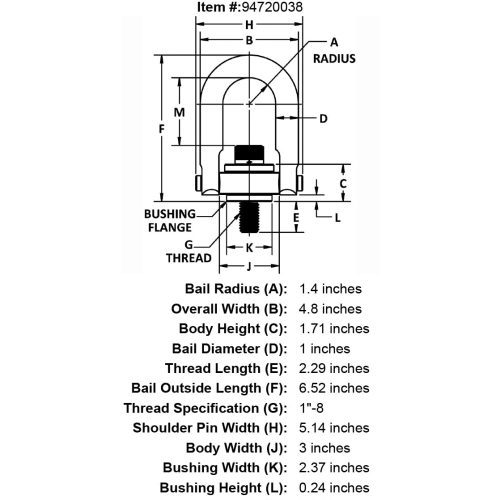 1 8 x 2 29 5000 lb Stainless Steel Safety Engineered Hoist Ring specification diagram