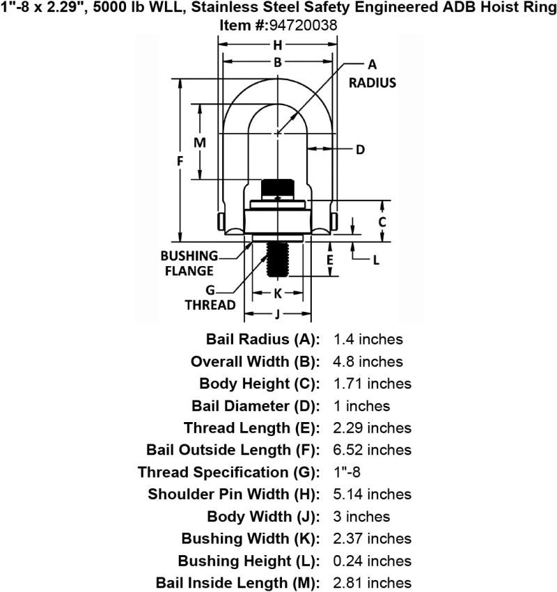 1 8 x 2 29 5000 lb Stainless Steel Safety Engineered Hoist Ring specification diagram