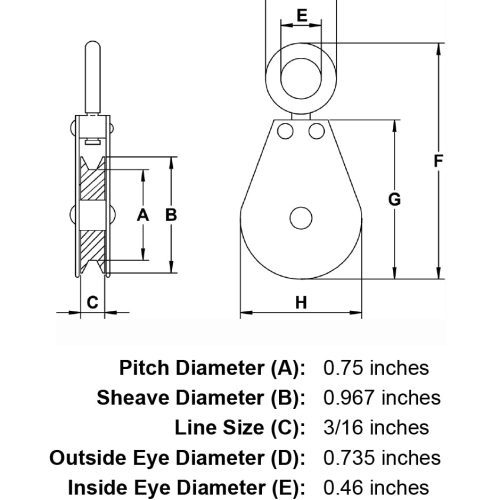 1 Sheave Zinc Plated Swivel Eye Double Pulley specification diagram