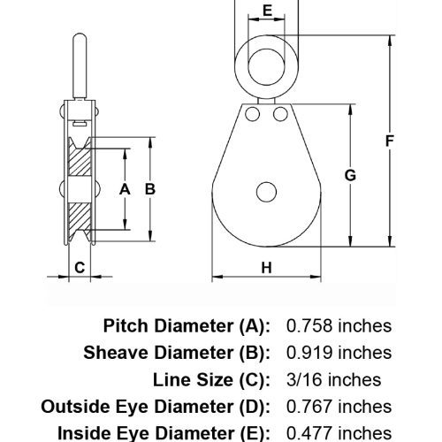 1 Sheave Zinc Plated Swivel Eye Single Pulley specification diagram