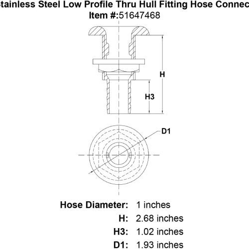 1 Stainless Steel Low Profile Thru Hull Fitting Hose Connection specification diagram