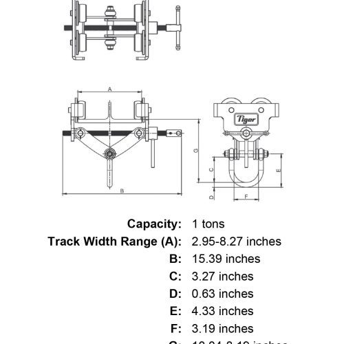 1 ton tiger lifting apt adjustable plain hoist beam trolley specification diagram