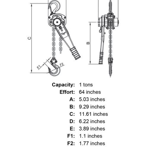 1 ton x 10 lift tiger lifting tr7 industrial lever chain hoist specification diagram