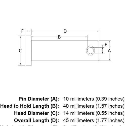 10 x 40 Stainless Steel Clevis Pin specification diagram