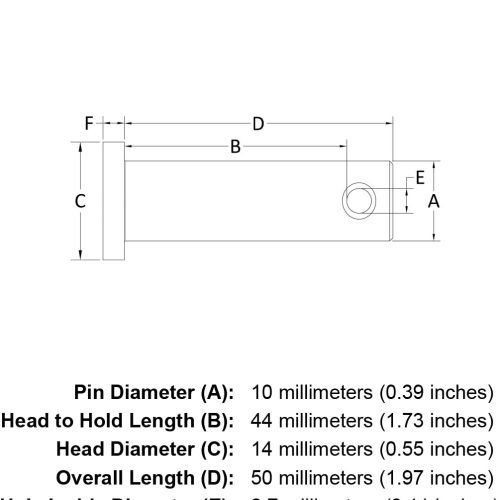 10 x 44 Stainless Steel Clevis Pin specification diagram