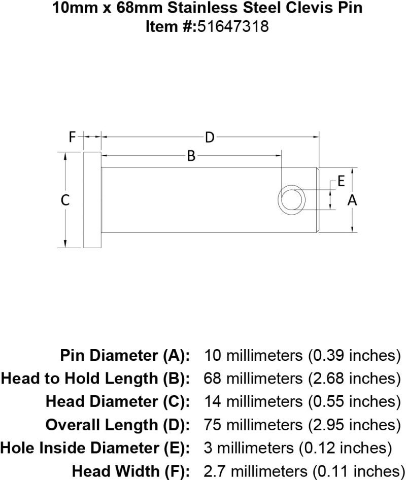 10 x 68 Stainless Steel Clevis Pin specification diagram