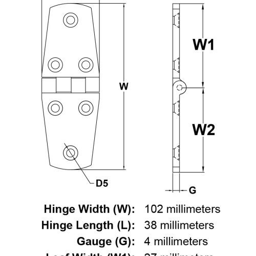 102mm Stainles Steel Marine Hinge Style 6201 specification diagram